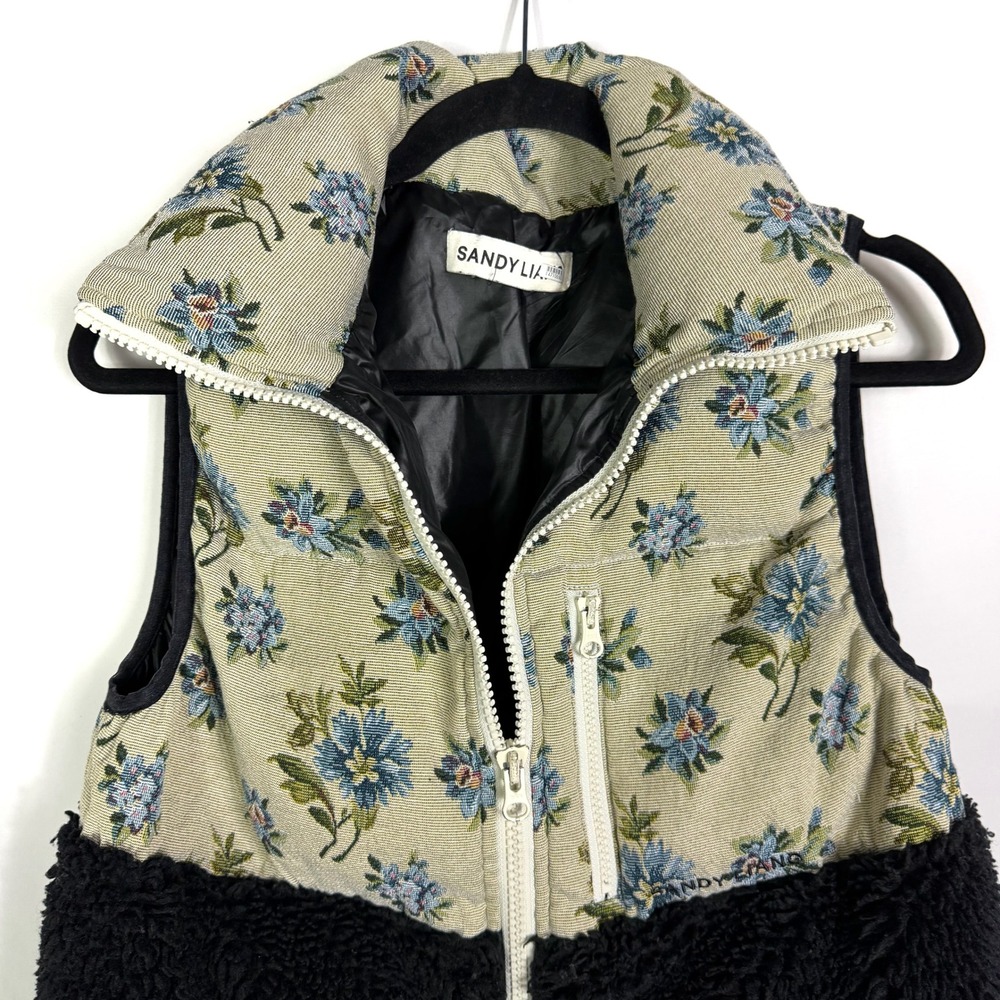 Sandy Liang Dove Faux Shearling Vest Floral Sherpa Fleece Black Beige Sz S - Picture 7 of 13